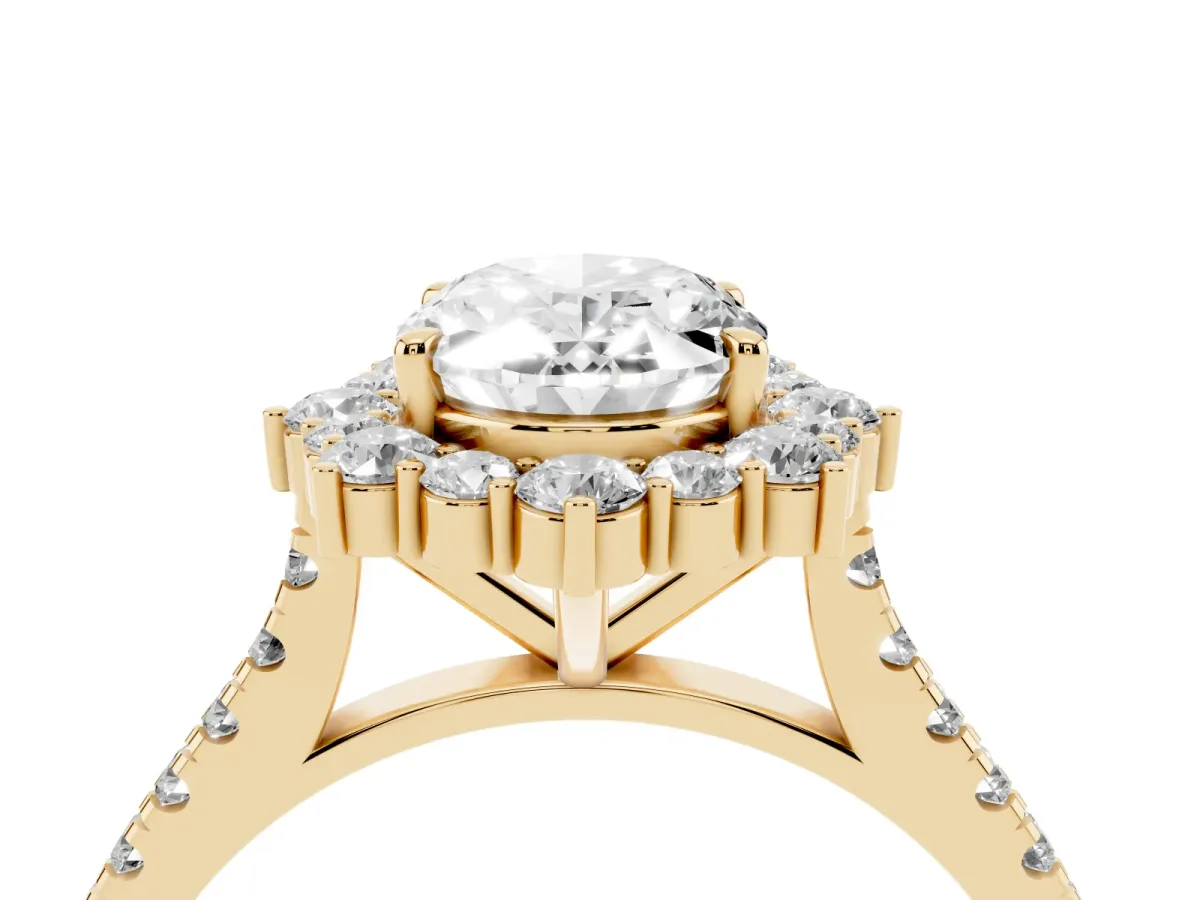 Oval Cut Halo Diamond Ring with Pavé Band and Prong Setting Yellow gold