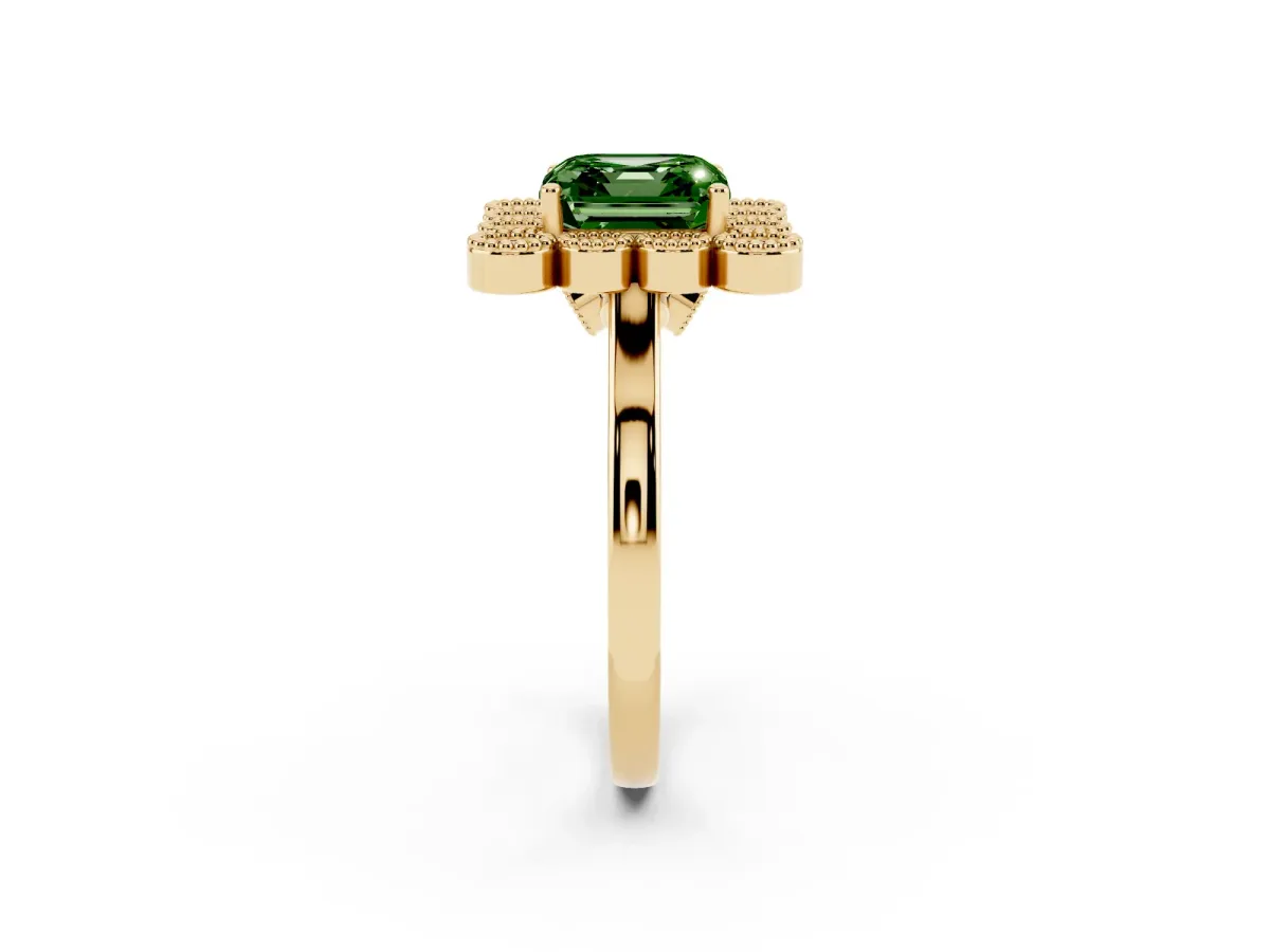 Fancy Green Asscher Cut Halo Diamond Cluster Engagement Ring with Milgrain Bezel Setting and Solitaire Band Yellow gold