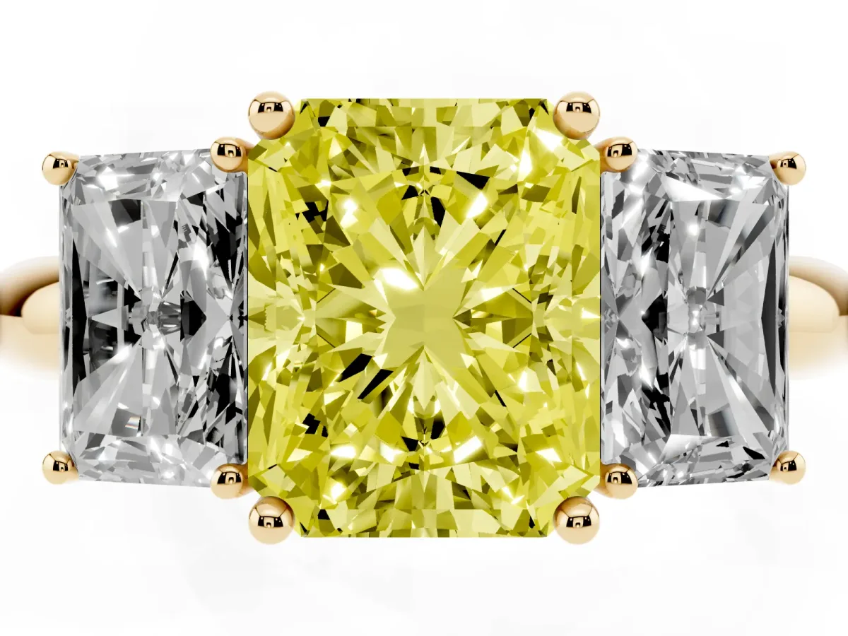 Fancy Yellow Three-Stone Radiant Cut Cut Diamond Engagement Ring with Prong Setting on a White Gold Band Yellow gold