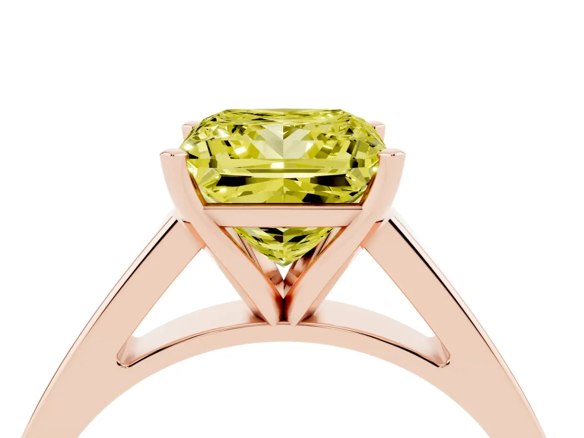 Fancy Yellow Princess Cut Solitaire Engagement Ring with Four-Prong Setting and Tapered Band Rose gold