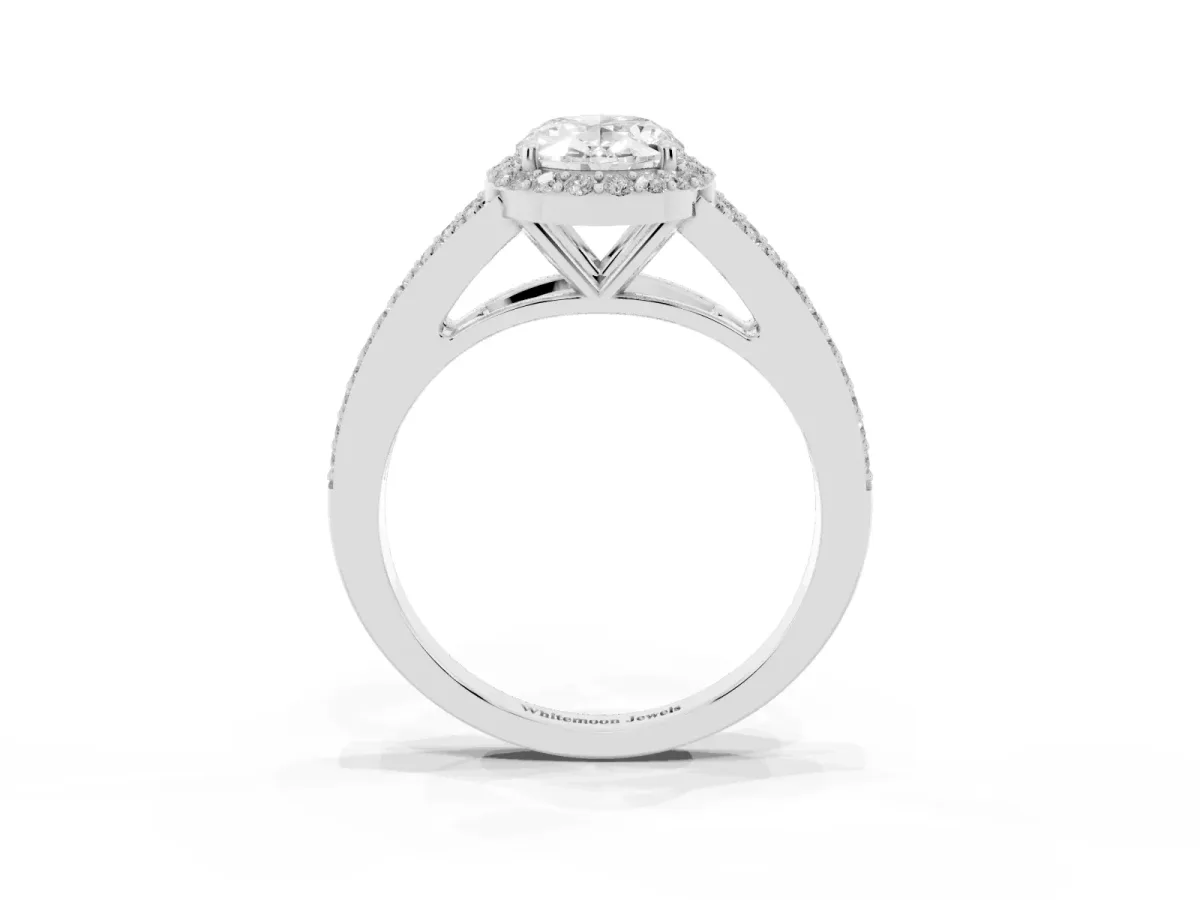 Oval Cut Halo Split Shank Diamond Ring with Prong Setting Platinum