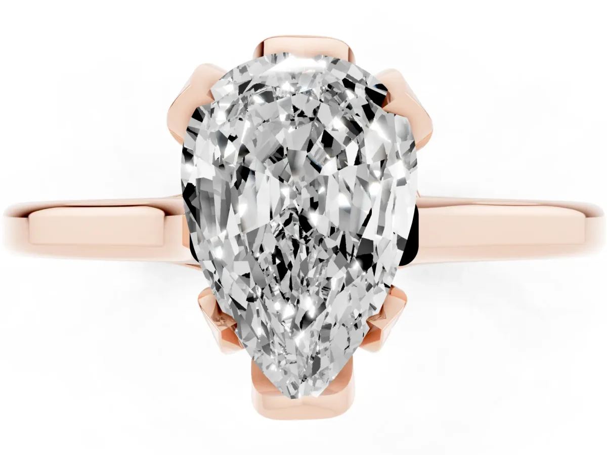 Pear Cut Diamond Solitaire Ring with Flower Prong Setting and Classic Band Rose gold