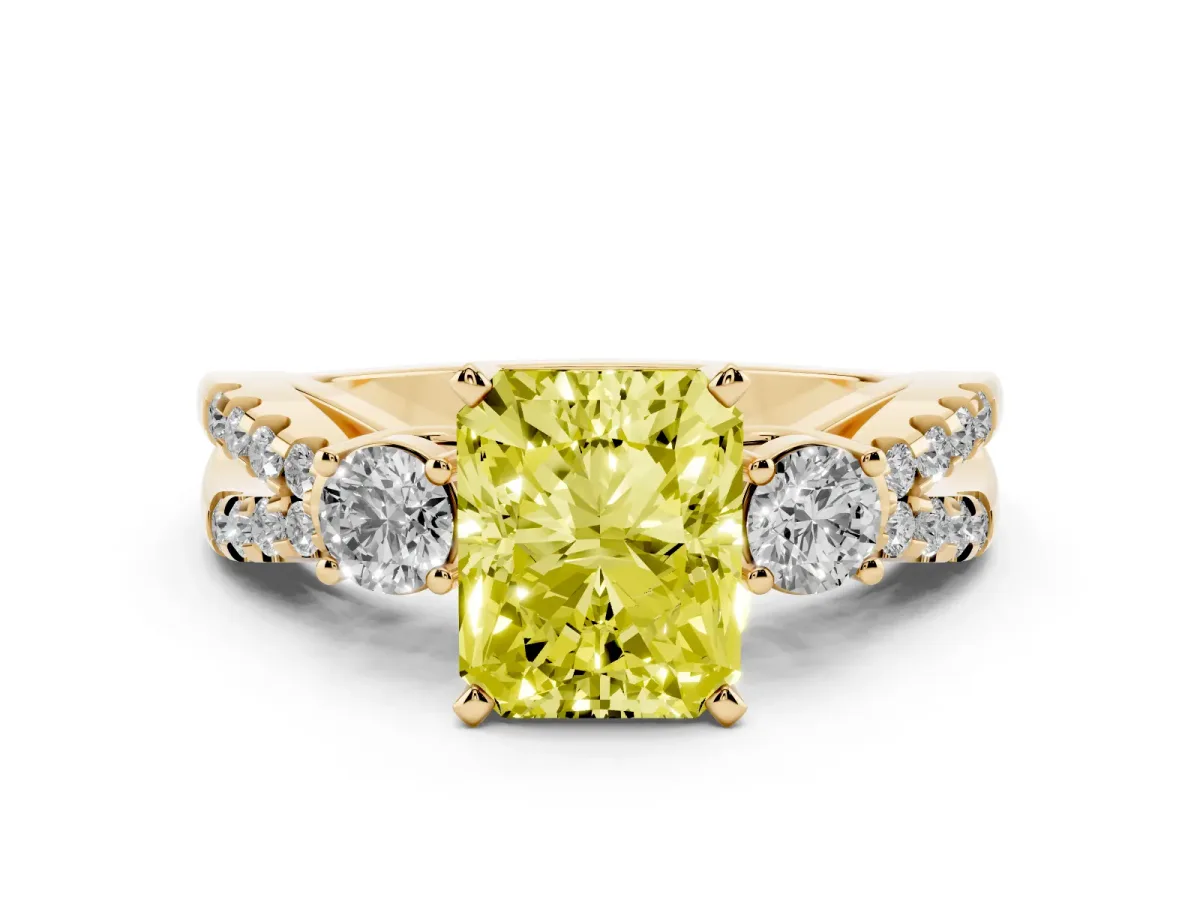 Fancy Yellow Radiant Cut Diamond Three-Stone Ring with Pavé Split Shank and Four-Prong Setting Yellow gold