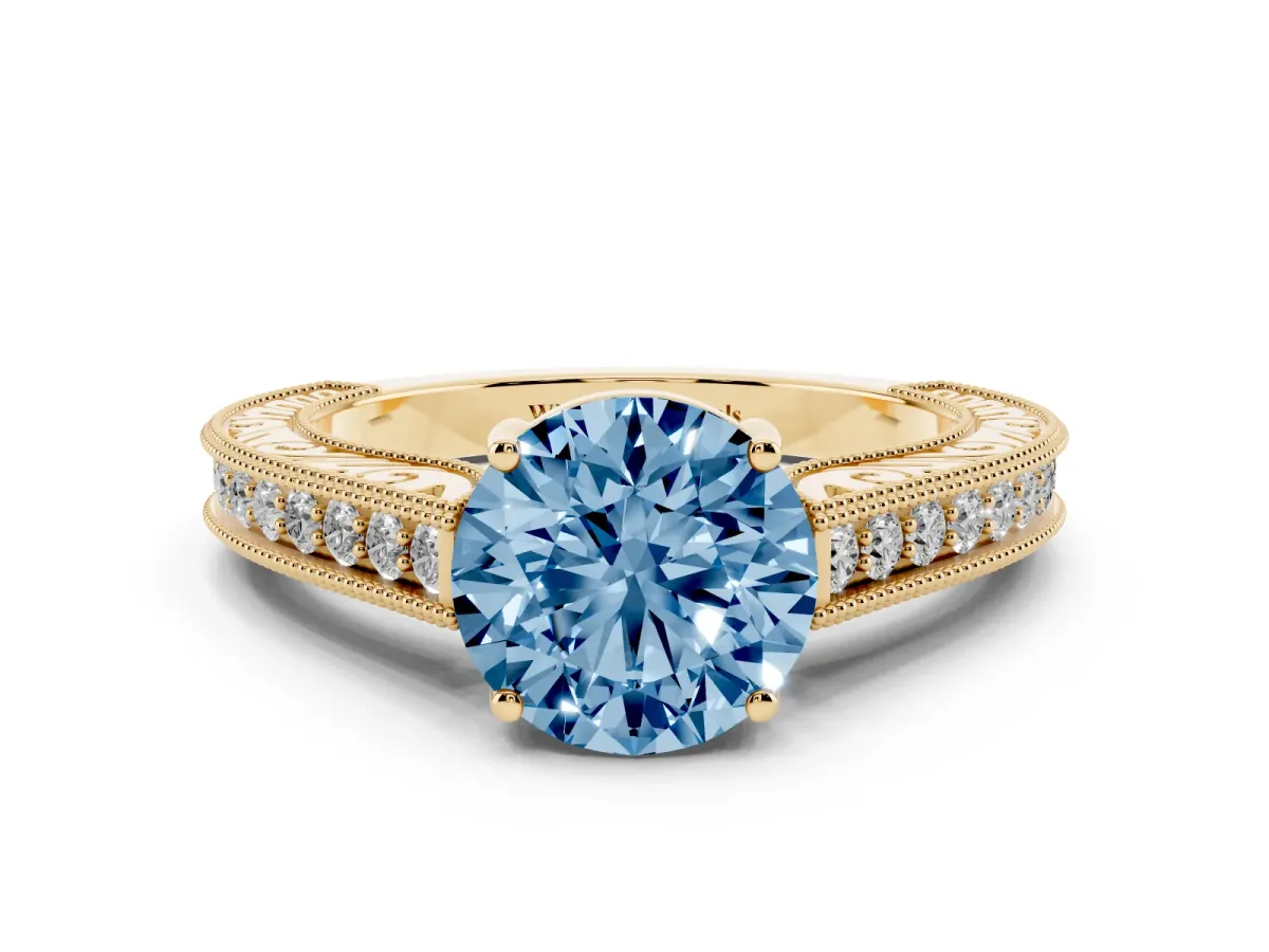 Fancy Blue Round Cut Cut Pave Band Milgrain Solitaire Ring Yellow gold