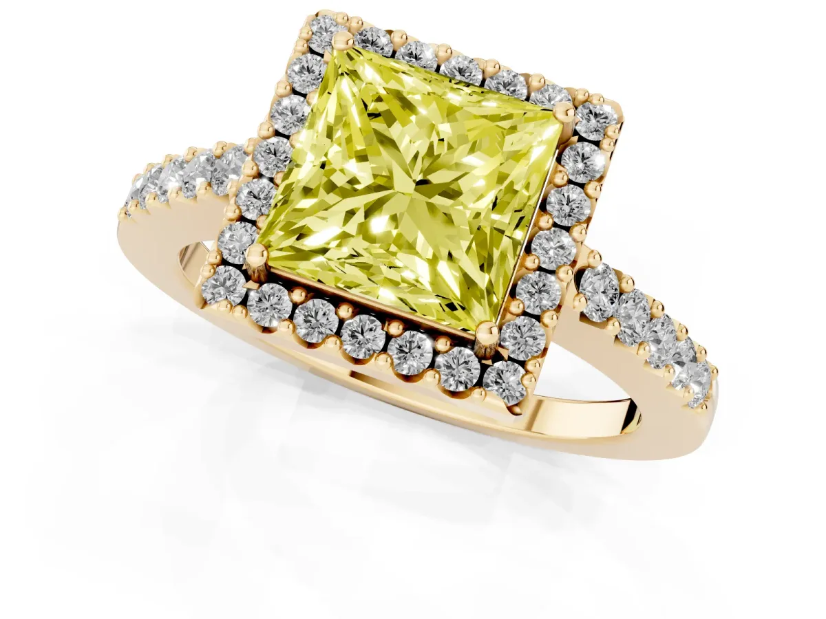 Fancy Yellow Princess Cut Halo Diamond Pavé Solitaire Ring Yellow gold