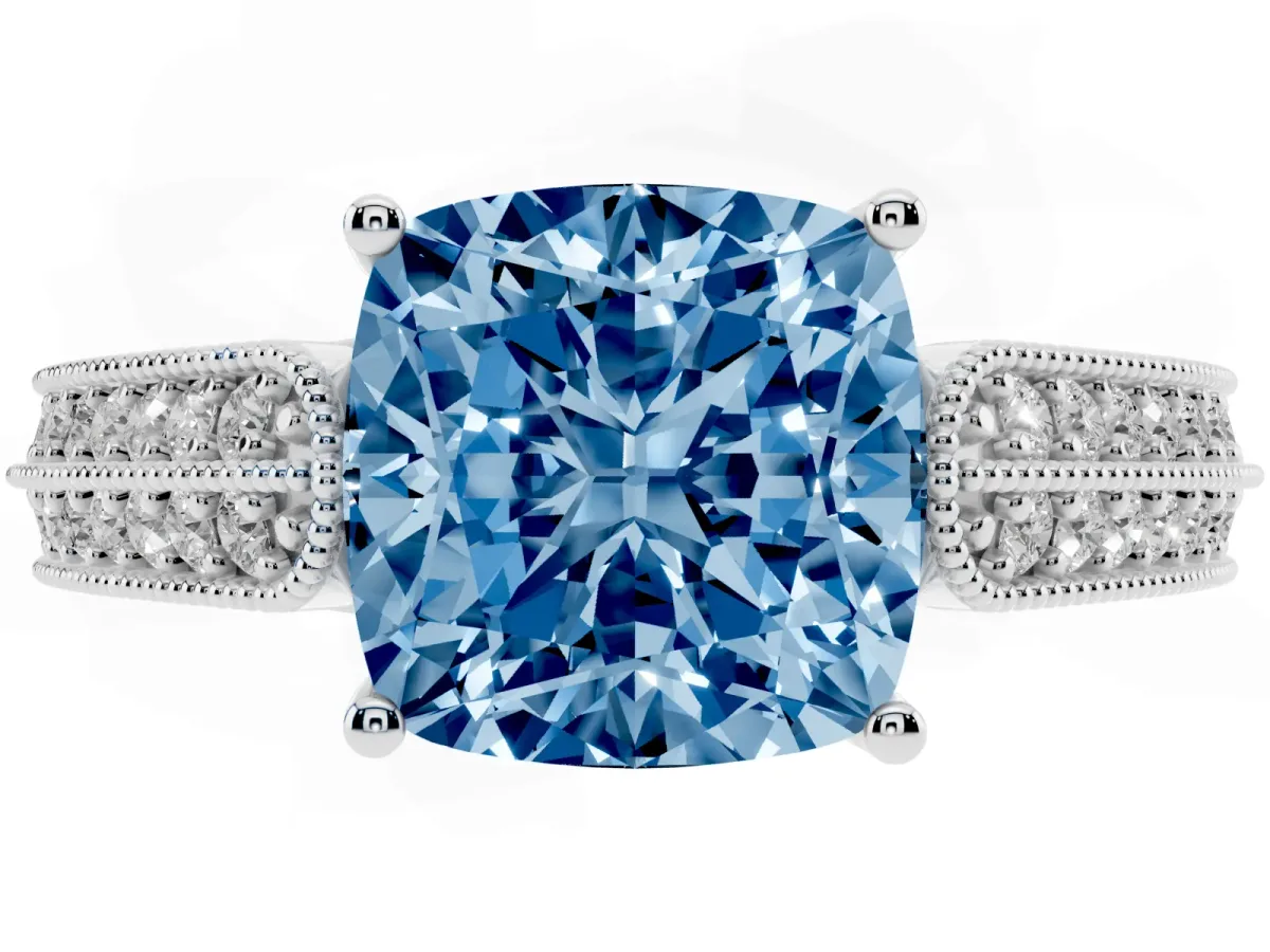 Fancy Blue Cushion Cut Cut Pave Split Shank Engagement Ring with Four-Prong Setting White gold