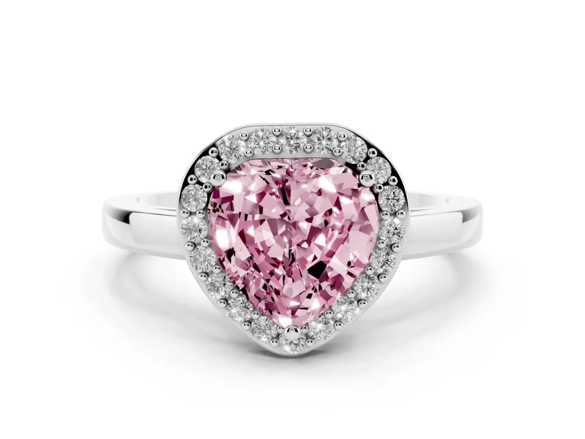 Fancy Pink Heart Cut Halo Diamond Ring with Solitaire Band and Prong Setting Silver