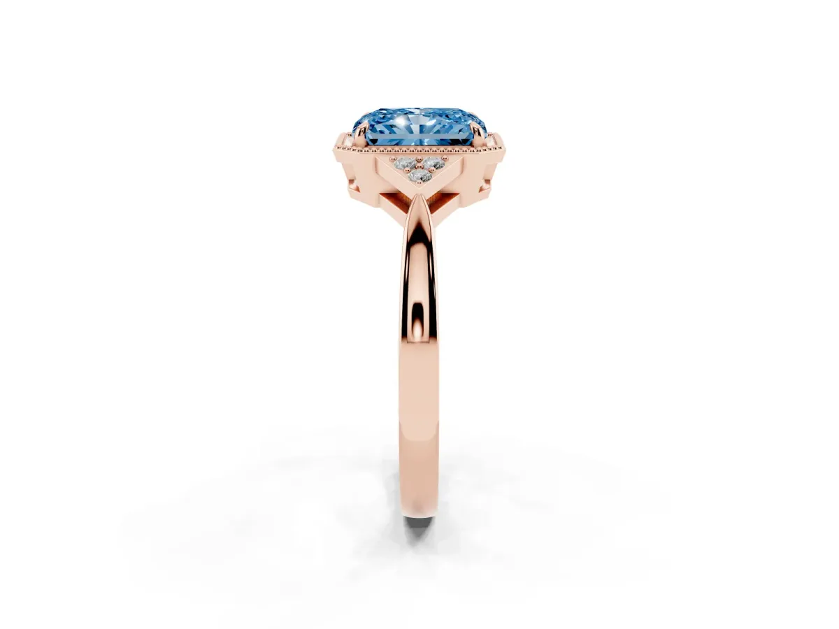 Fancy Blue Hexagonal Halo Radiant Cut Diamond Solitaire with Pavé Band and Four-Prong Setting Rose gold