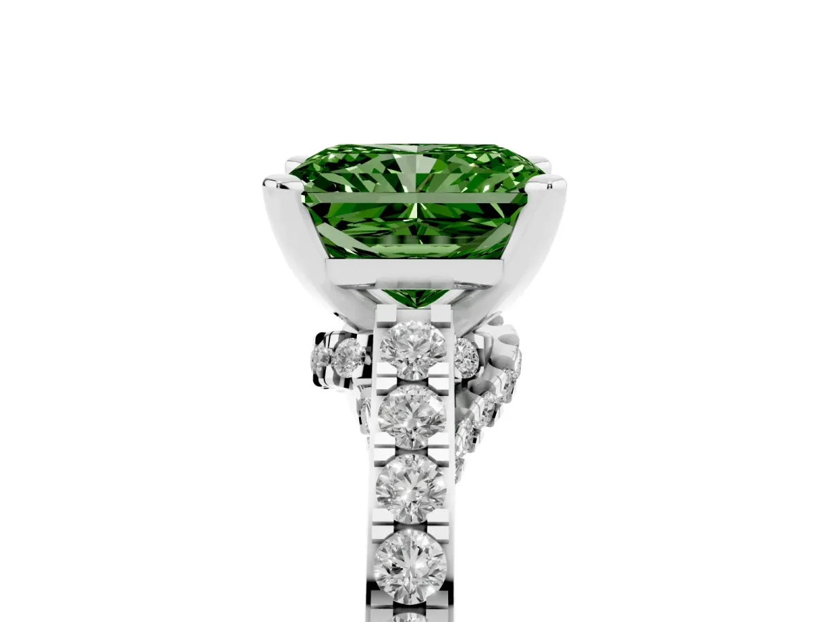 Fancy Green Radiant Cut Diamond Solitaire Ring with Crossover Gallery and Round Pavé Band White gold