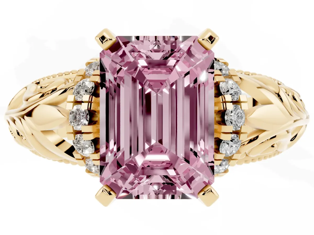 Fancy Pink Emerald Cut Solitaire Filigree Engagement Ring with Halo and Prong Setting Yellow gold