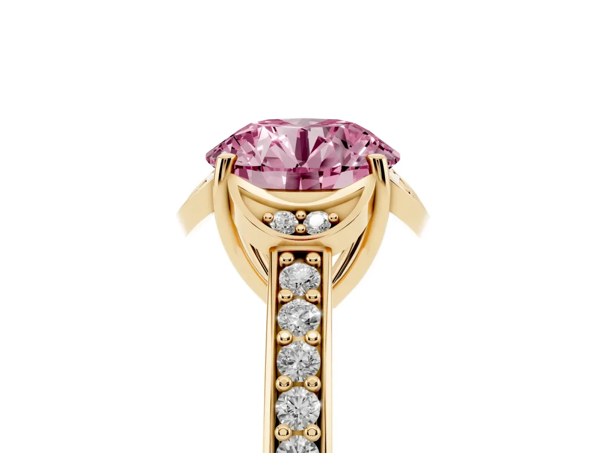 Fancy Pink Round Cut Cut Halo Diamond Ring with Channel Set Band and Four-Prong Setting Yellow gold