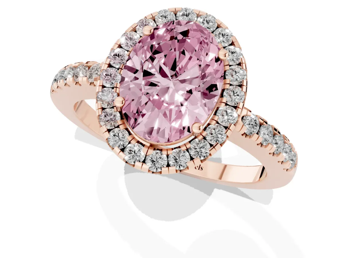 Fancy Pink Oval Cut Halo Diamond Engagement Ring with Pavé Band and Four-Prong Setting Rose gold