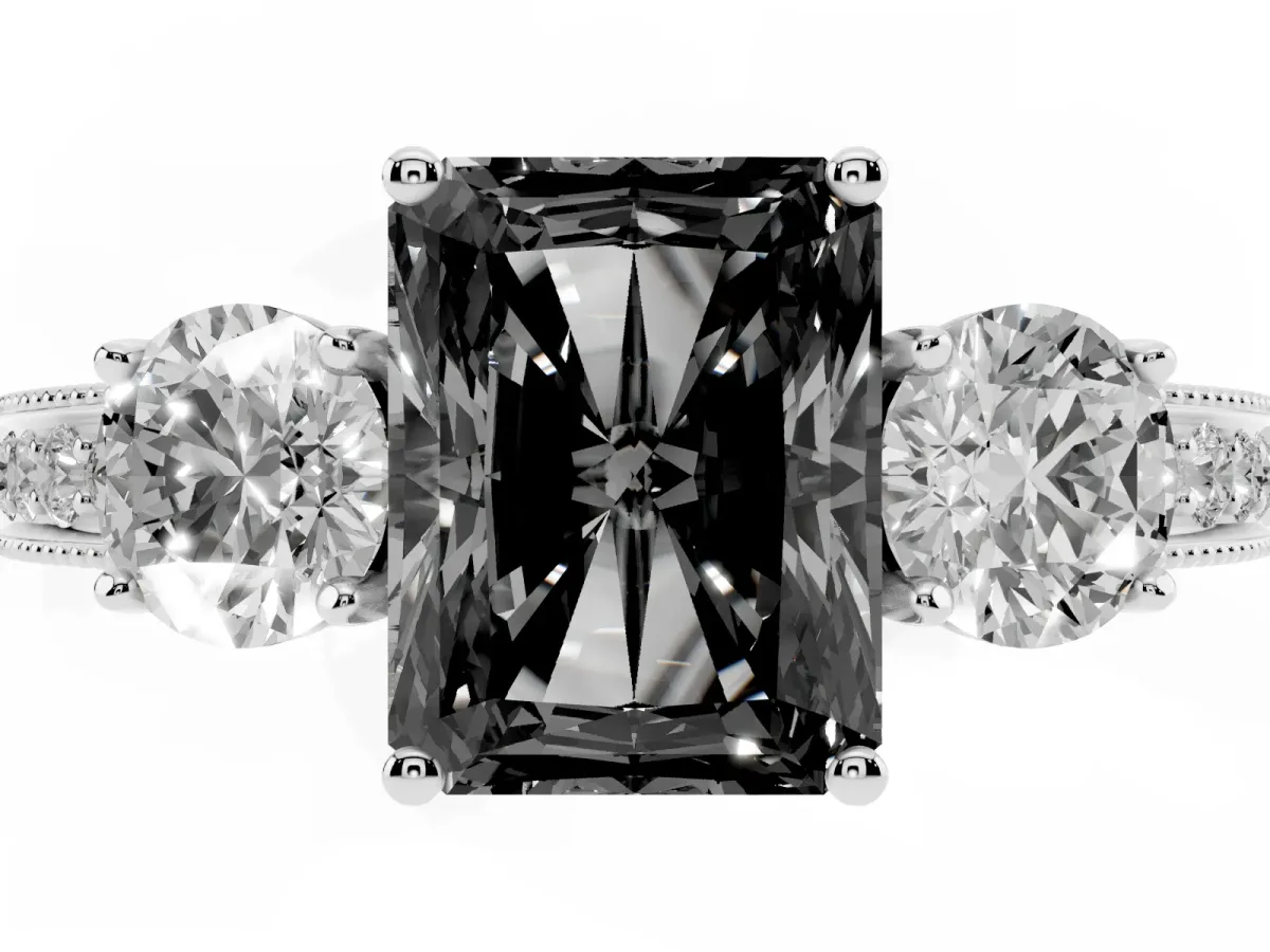 Fancy Black Radiant Cut Three-Stone Diamond Ring with Pavé Band and Four-Prong Setting Silver