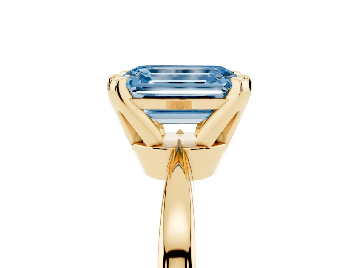Fancy Blue Emerald Cut Solitaire Engagement Ring with Six-Prong Setting and Tapered Band Yellow gold