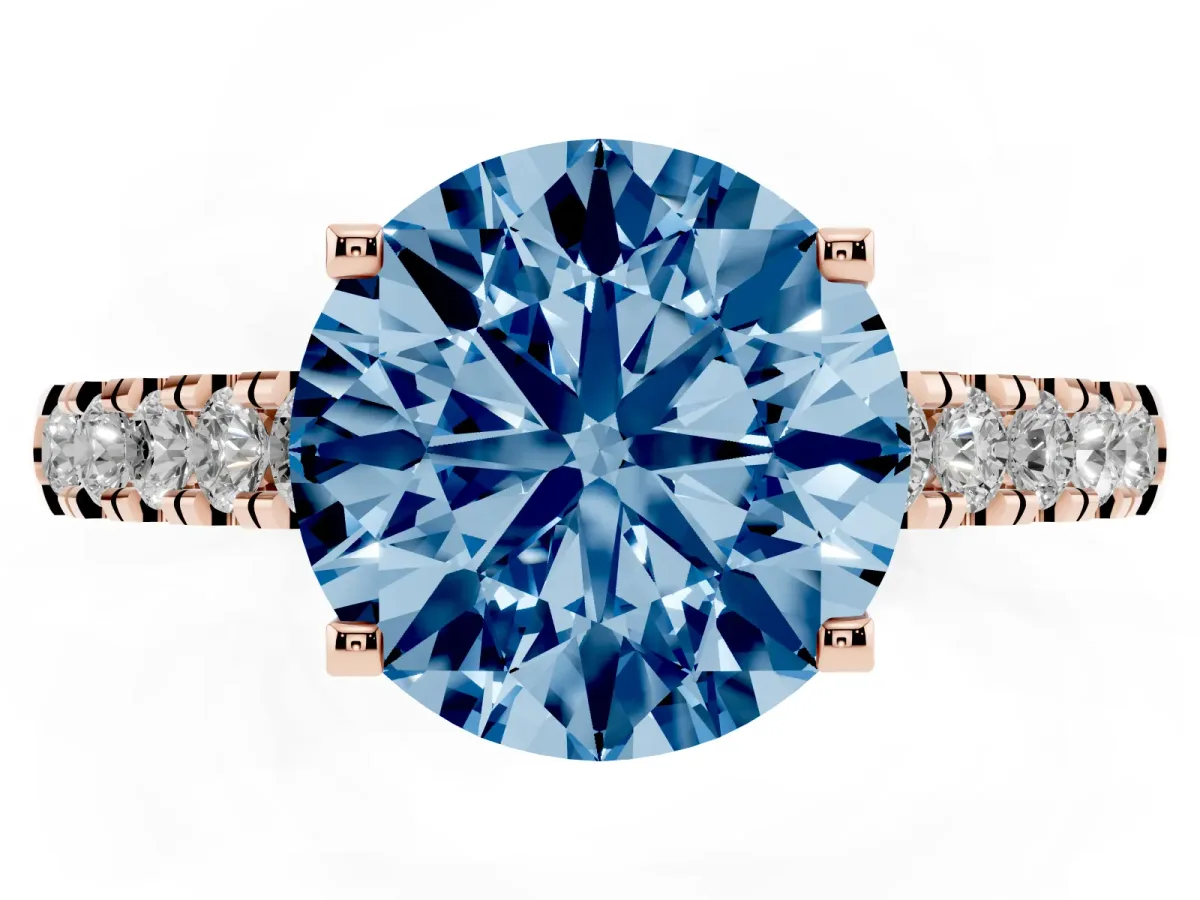 Fancy Blue Round Cut Diamond Pavé Band Solitaire Ring with Prong Setting Rose gold