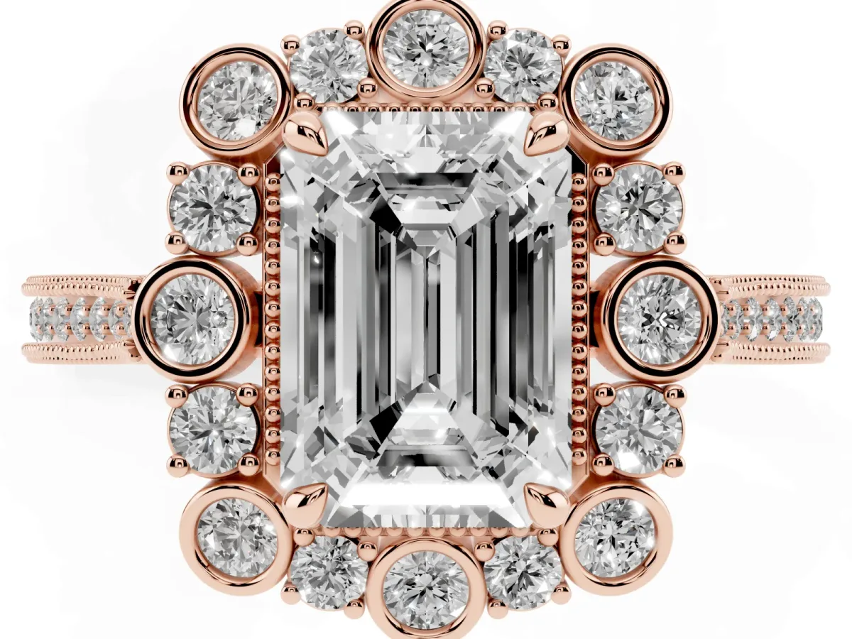 Emerald Cut Halo Milgrain Pave Diamond Ring with Four-Prong Setting Rose gold