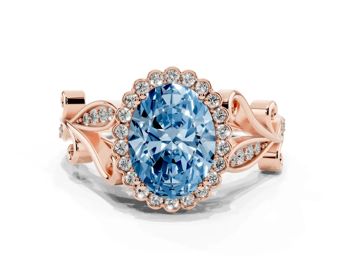 Fancy Blue Oval Cut Diamond Halo Ring with Vintage Split Shank and Four-Prong Setting Rose gold