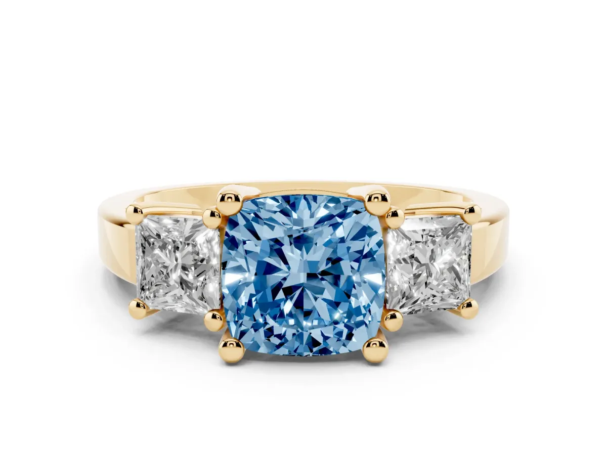 Fancy Blue Three-Stone Cushion Cut Cut Solitaire Ring with Prong Setting Yellow gold