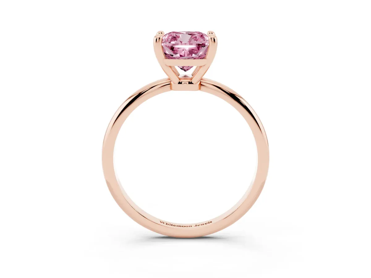 Fancy Pink Cushion Cut Solitaire Diamond Ring with 4-Prong Setting on a Classic Band Rose gold