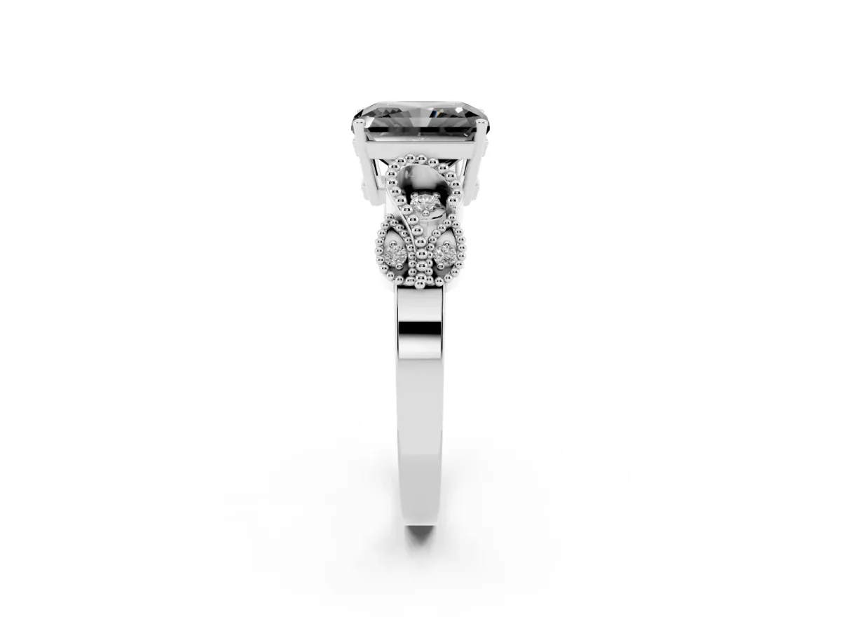 Fancy Black Princess Cut Solitaire Milgrain Leaf Band with Prong Setting Platinum
