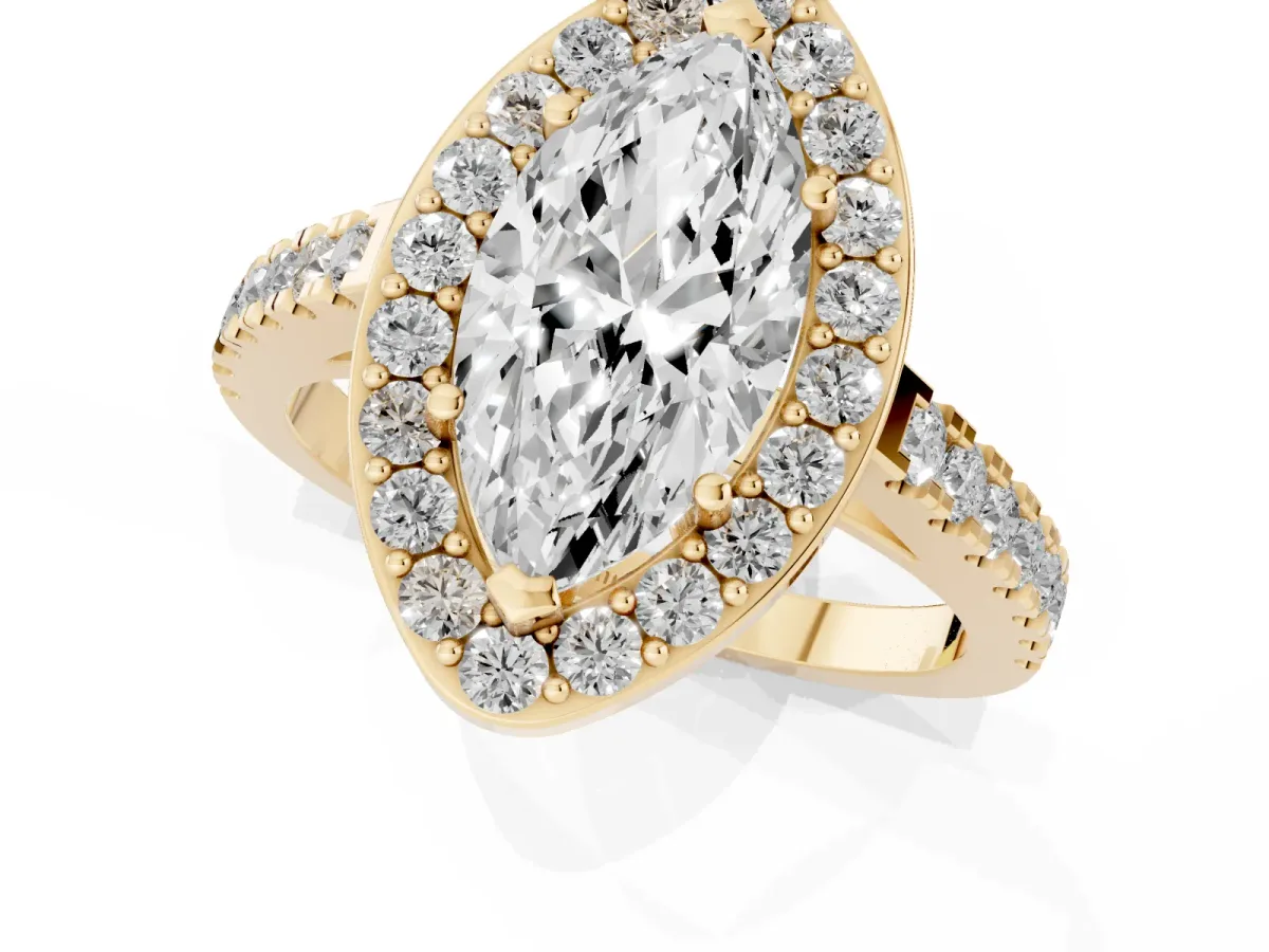 Marquise Cut Diamond Halo Ring with Round Pavé Split Shank and Prong Setting Yellow gold