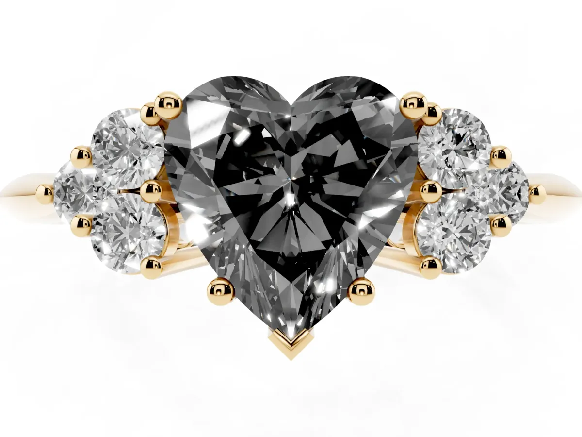 Fancy Black Heart Cut Cut Diamond Cluster Ring with Solitaire Band and Four-Prong Setting Yellow gold