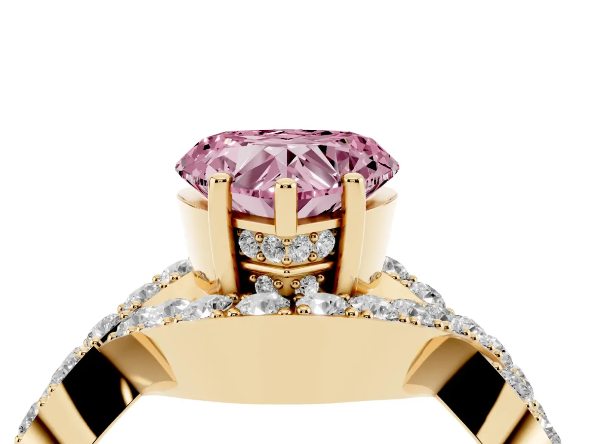 Fancy Pink Heart Cut Solitaire Twist Band Pavé Diamond Engagement Ring Yellow gold