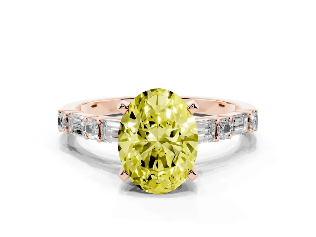 Fancy Yellow Oval Cut Diamond Solitaire with Side Baguettes and Channel Set Band Rose gold
