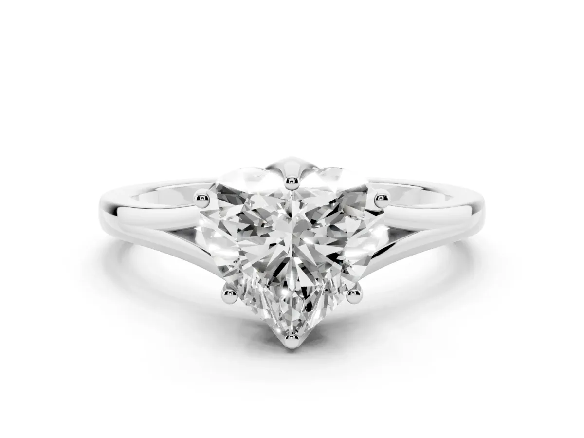 Heart Cut Solitaire Diamond Ring with Six-Prong Setting and Tapered Band Silver