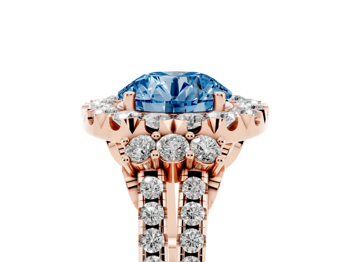 Fancy Blue Round Cut Cut Double Halo Diamond Engagement Ring with Pave Band and Four-Prong Setting Rose gold