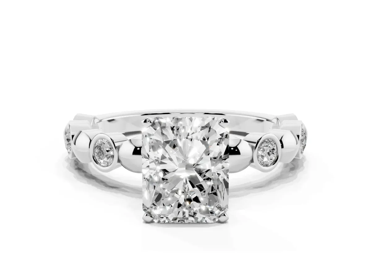 Radiant Cut Solitaire Bezel-Set Diamond Ring with Beaded Band and Four-Prong Setting Silver
