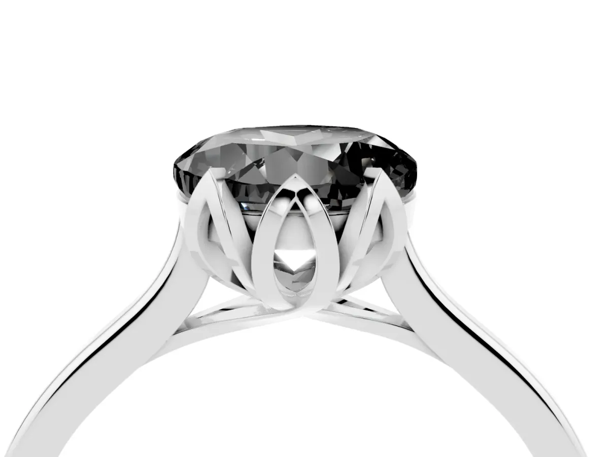 Fancy Black Round Cut Diamond Solitaire Ring with Flower Prong Setting and Classic Band Silver