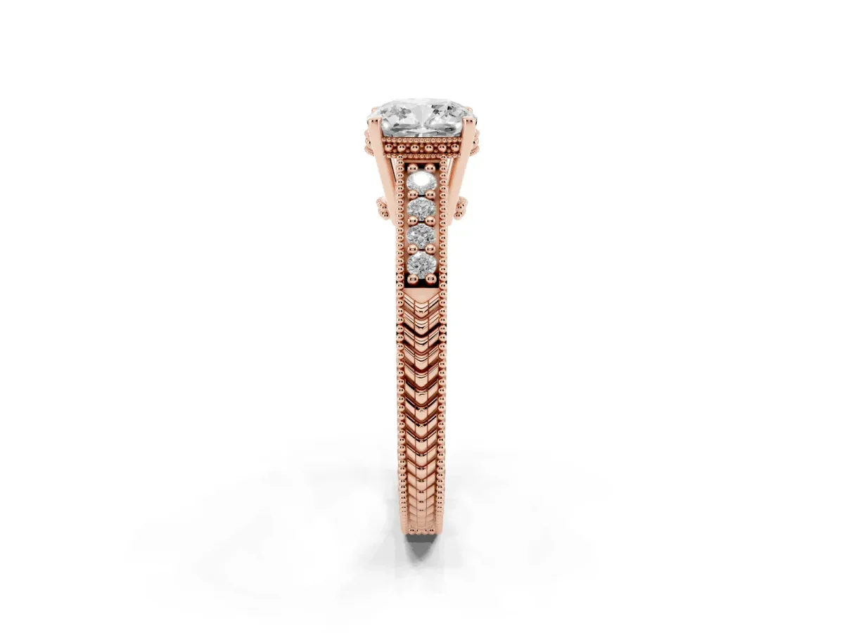 Cushion Cut Solitaire Pavé Diamond Milgrain Engagement Ring with Four-Prong Setting Rose gold