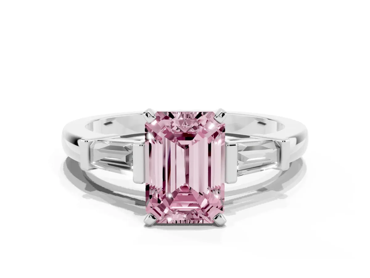 Fancy Pink Emerald Cut Cut Diamond Solitaire Ring with Tapered Baguette Accents and Four-Prong Setting White gold