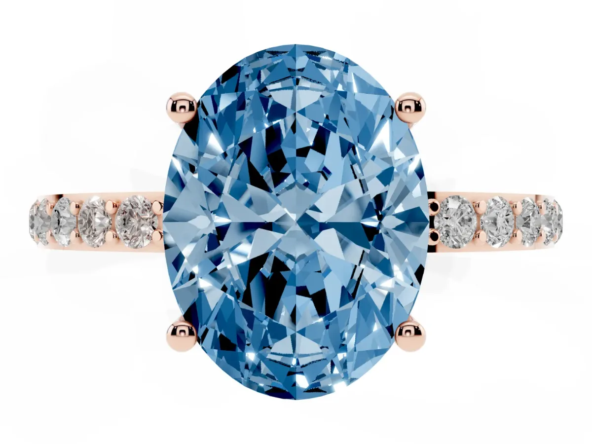 Fancy Blue Oval Cut Diamond Solitaire Ring with Round Pavé Shoulders and Prong Setting Rose gold