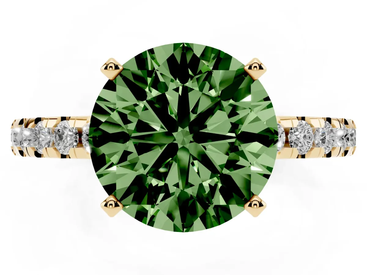 Fancy Green Round Cut Diamond Solitaire Ring with Round Pavé Band and Four-Prong Setting Yellow gold