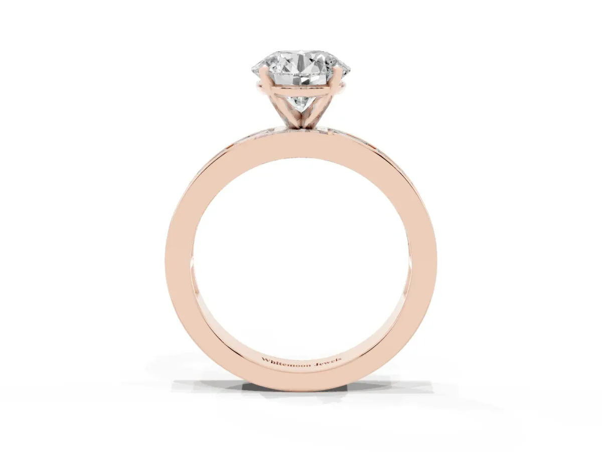 Round Cut Solitaire Diamond Ring with Channel-Set Baguette Band and Four-Prong Setting Rose gold
