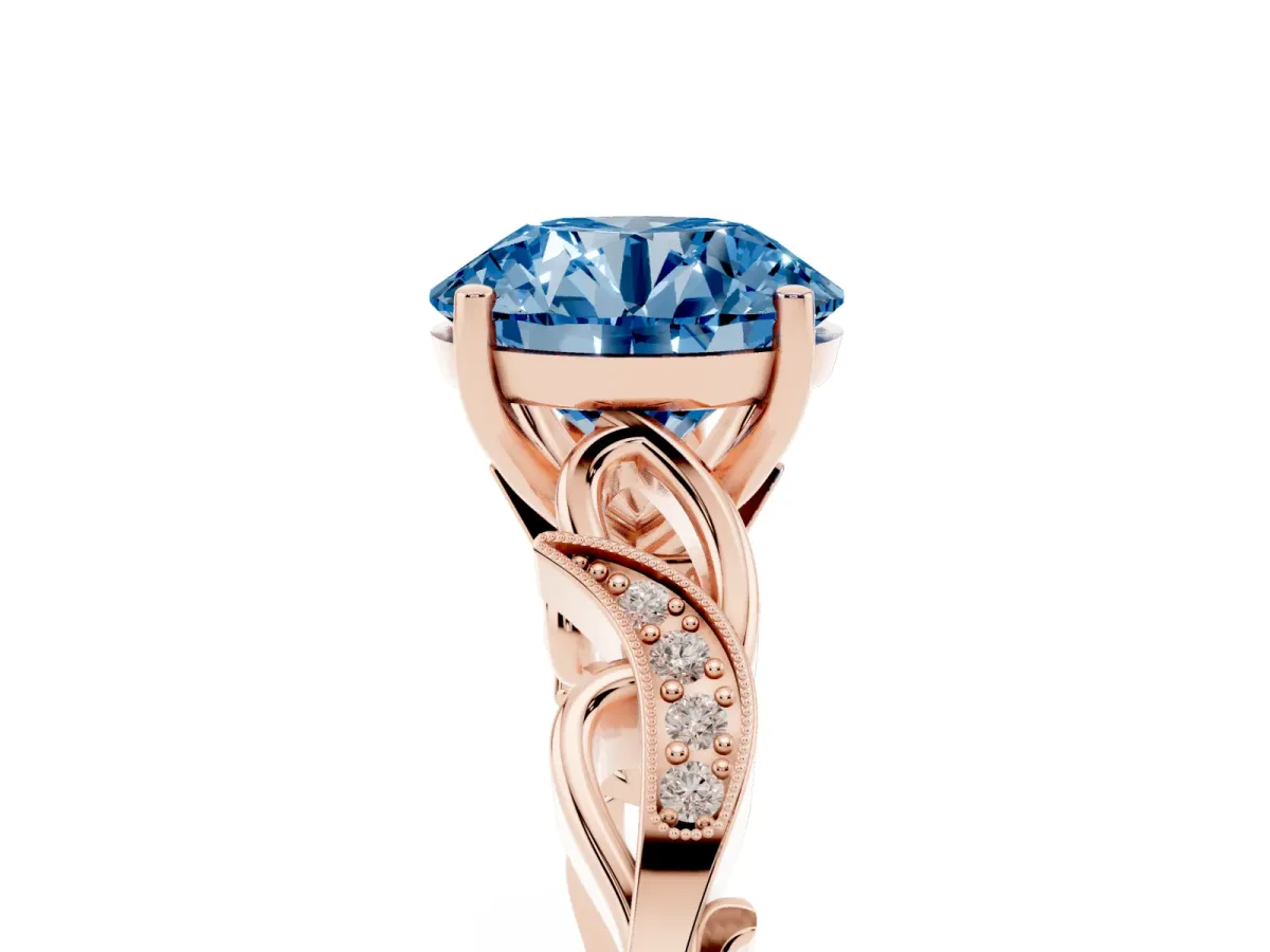 Fancy Blue Round Cut Solitaire Vine Band with Milgrain Prong Setting Rose gold