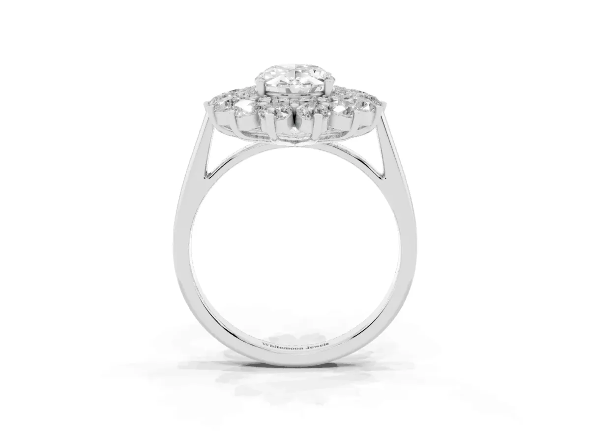 Oval Cut Diamond Floral Double Halo Engagement Ring with Prong Setting Silver