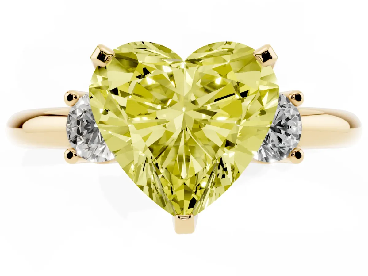 Fancy Yellow Three-Stone Heart Cut Cut Diamond Solitaire with Prong Setting and Classic Band Yellow gold