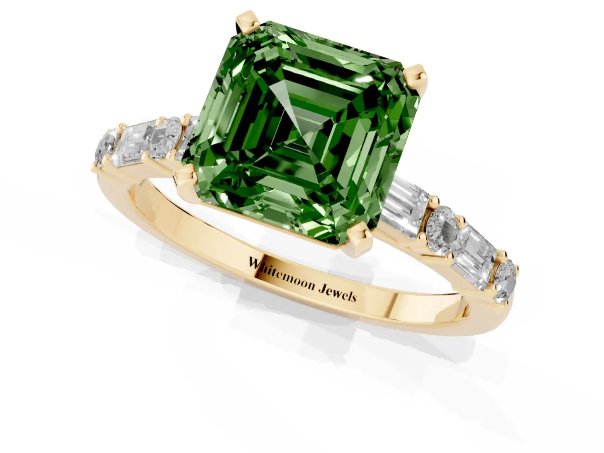 Fancy Green Asscher Cut Diamond Solitaire with Side Baguettes and Channel Set Band Yellow gold