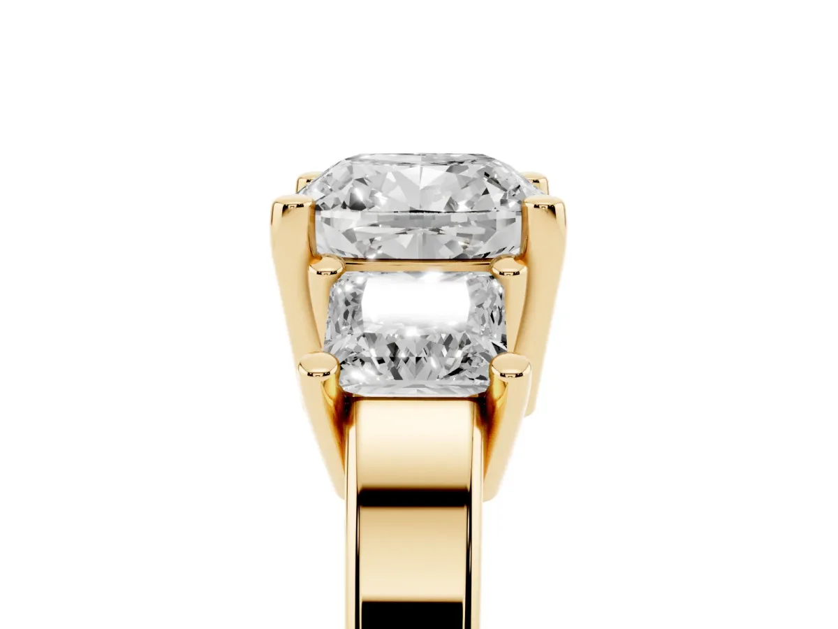 Three-Stone Cushion Cut Cut Solitaire Ring with Prong Setting Yellow gold