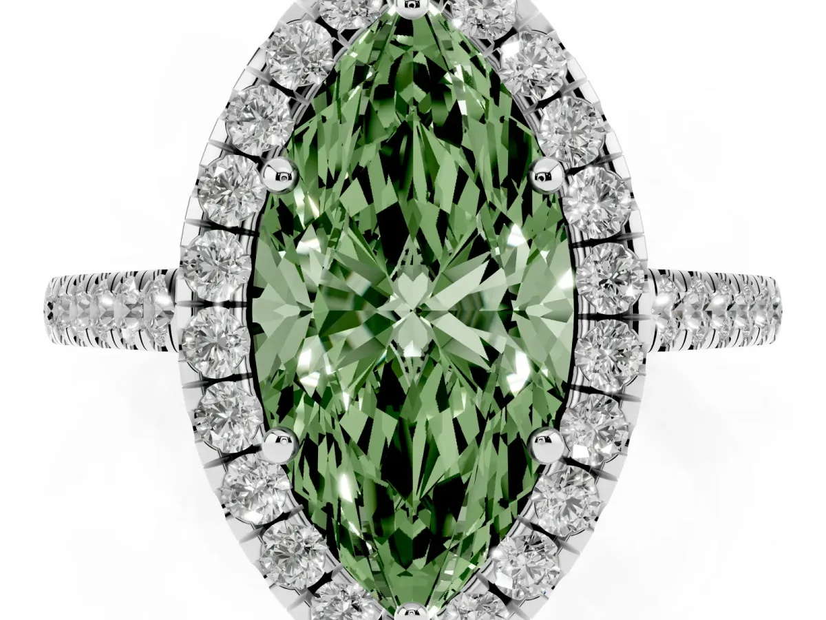 Fancy Green Marquise Cut Halo Pave Diamond Engagement Ring with Four-Prong Setting Silver