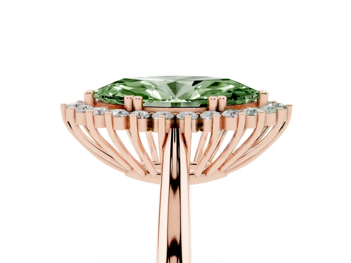 Fancy Green Marquise Cut Cut Diamond Halo Ring with Solitaire Band and Prong Setting Rose gold