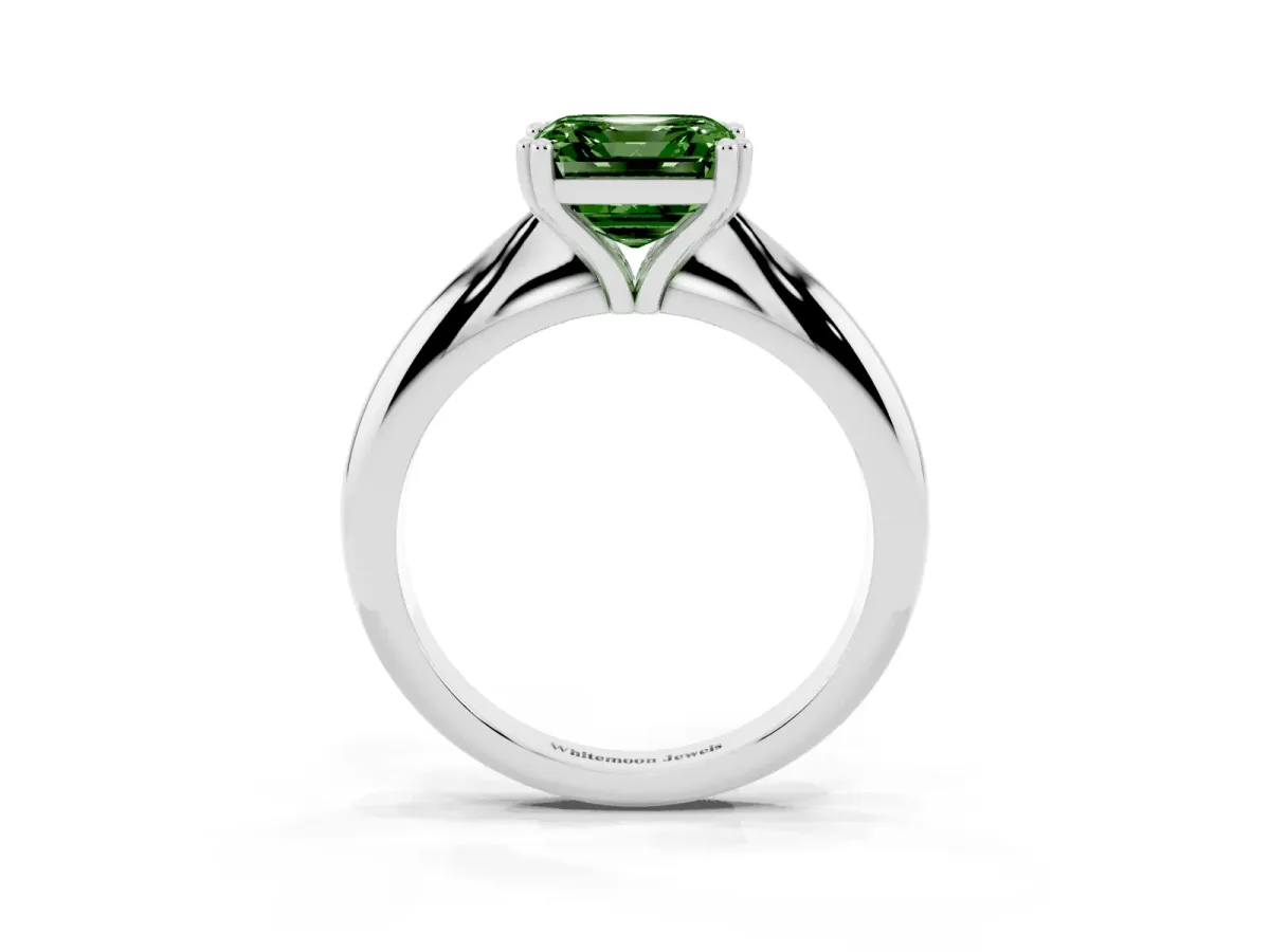 Fancy Green Asscher Cut Cut Solitaire Engagement Ring with Tapered Band and Four-Prong Setting White gold