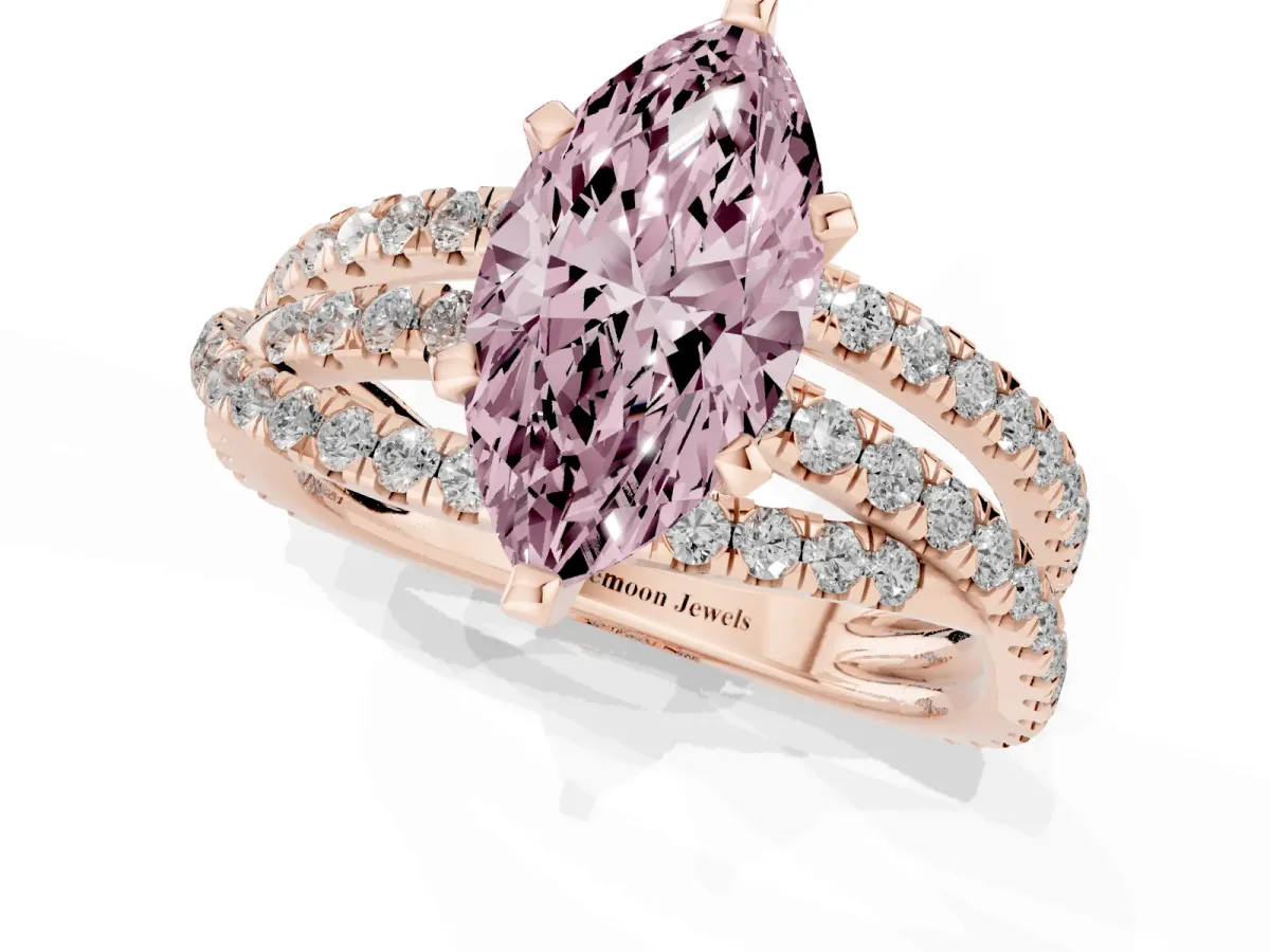 Fancy Pink Marquise Cut Solitaire Twist Band with Pavé Setting and Four-Prong Setting Rose gold