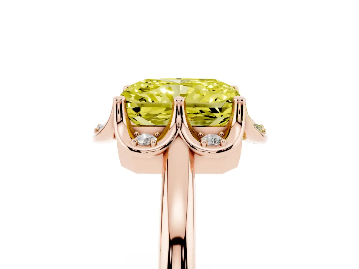 Fancy Yellow Radiant Cut Halo Diamond Ring with Round Cluster Setting, Solitaire Band, and Four-Prong Setting Rose gold