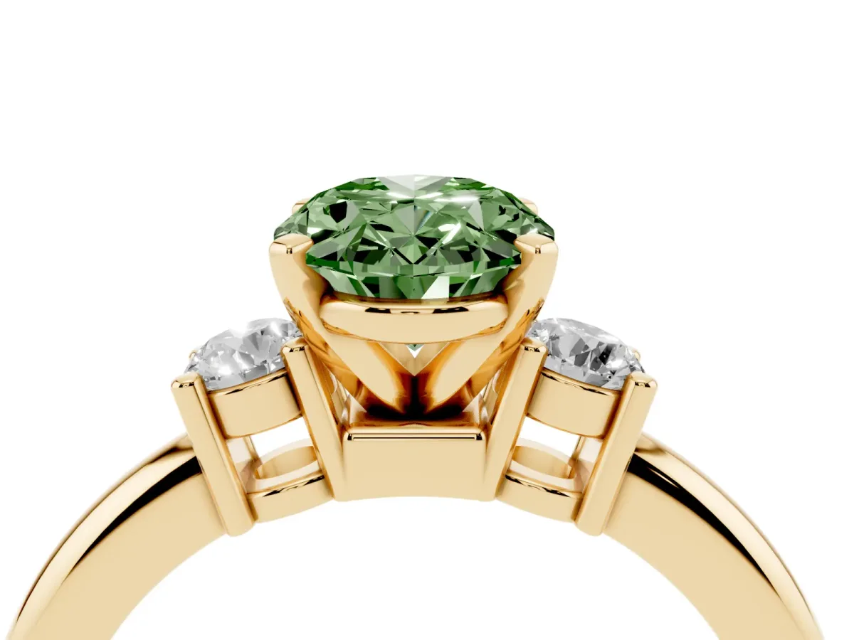 Fancy Green Three-Stone Oval Cut Cut Diamond Solitaire with Prong Setting and Classic Band Yellow gold