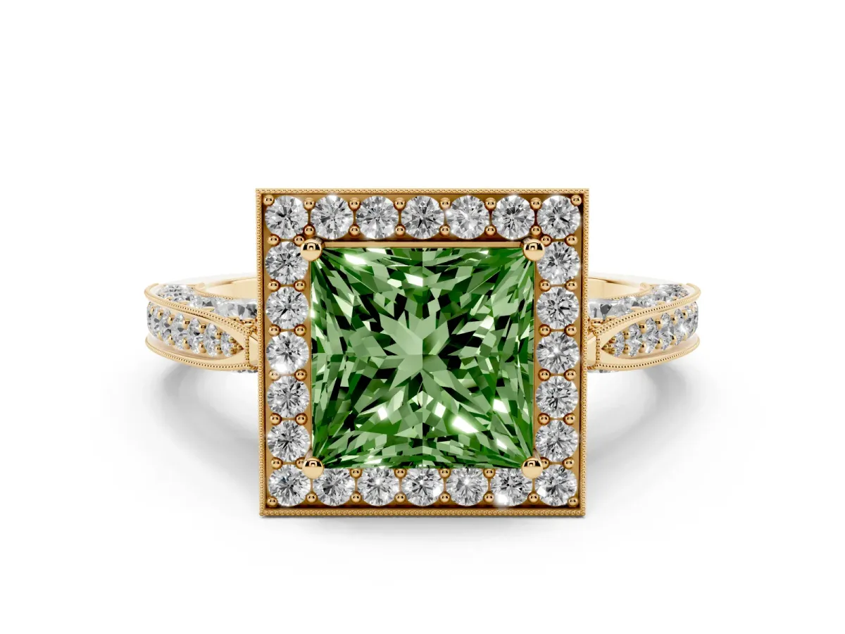 Fancy Green Princess Cut Halo Diamond Engagement Ring with Split Shank Band and Four-Prong Setting Yellow gold
