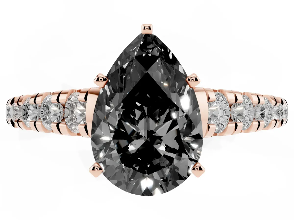 Fancy Black Pear Cut Diamond Cathedral Solitaire Ring with Round Pavé Band Rose gold